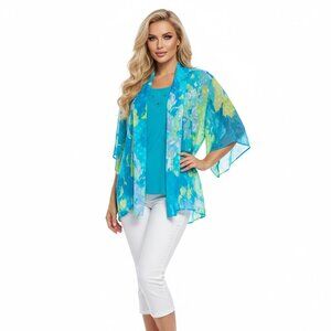 Two Piece Set Floral Blue and Green Kimono Cardigan and T-Shirt